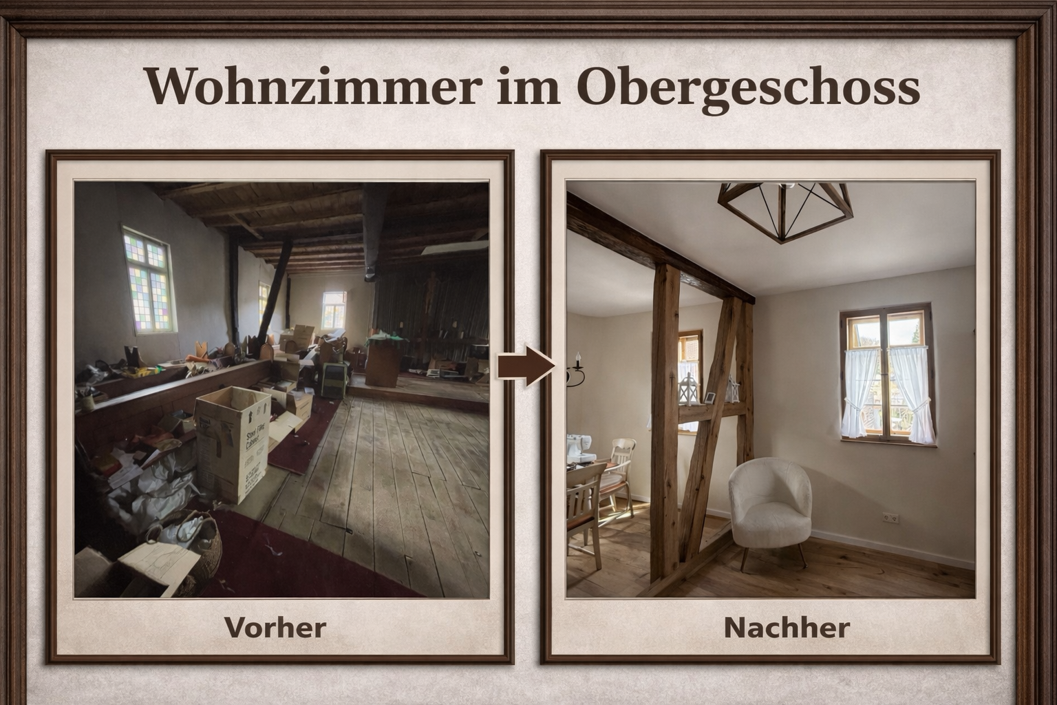 Vorher Nachher Vergleich des Wohnzimmers im Obergeschoss